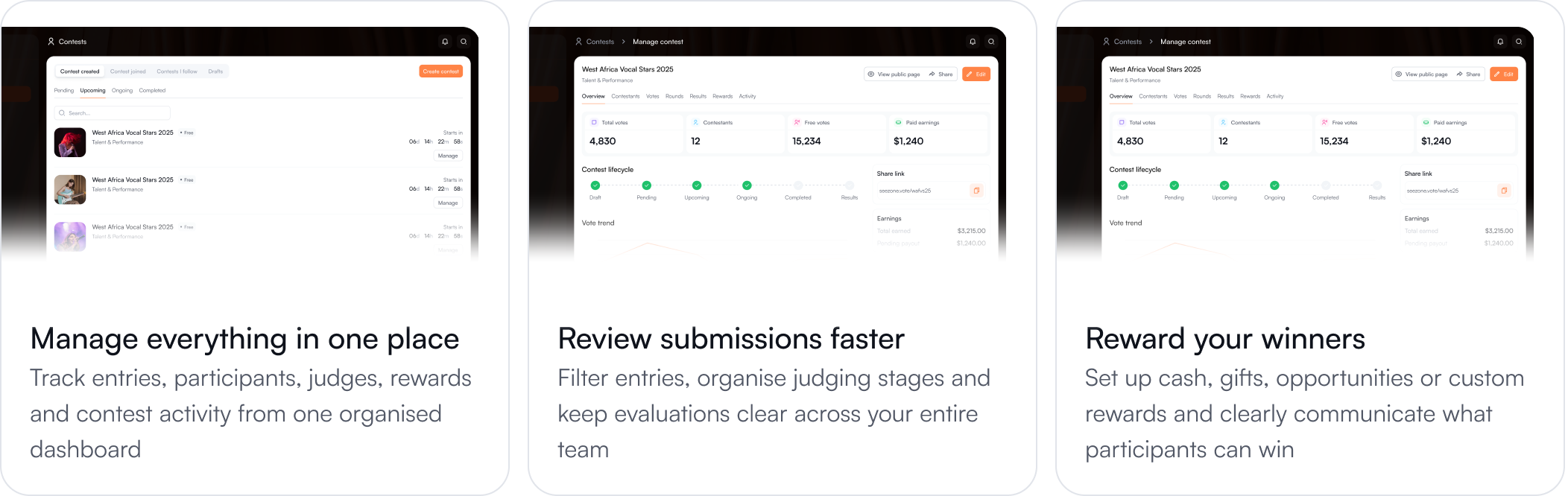 Manage everything in one place, review submissions faster, reward your winners